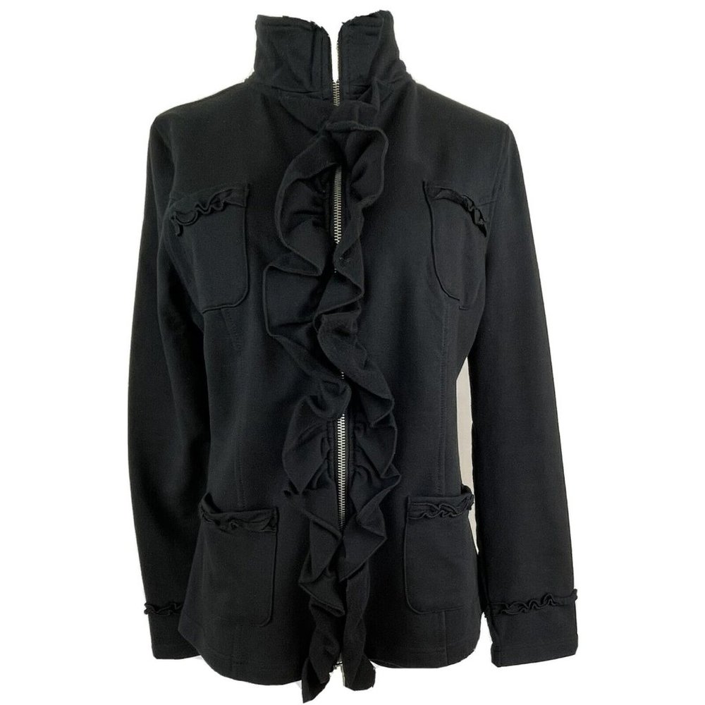 La Seine Womens Black‎ Ruffle Full Zip Pockets Stretch Jacket Size Small